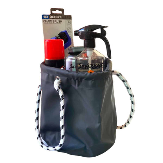 All the things you need to get your chain, sprockets & drivetrain clean and a FREE foldable bucket for storage & water