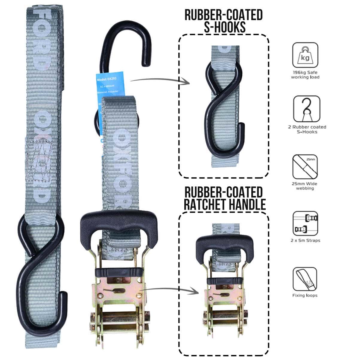 Oxford S-Hook Motorcycle Ratchet Straps Transport Tie Down Harness - 2 x 2M