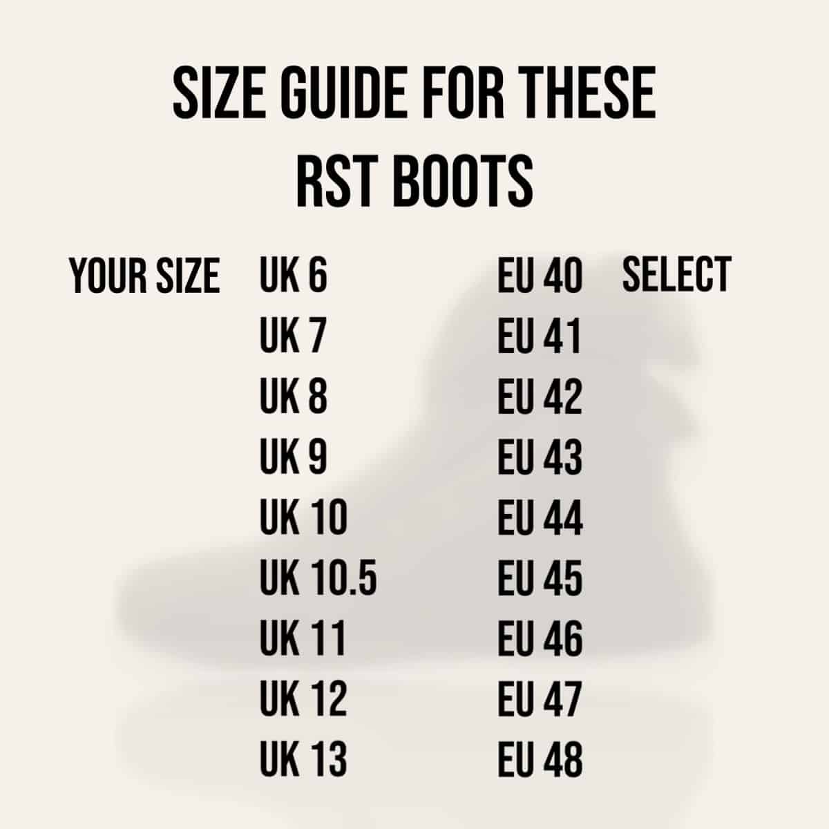 RST Frontier Boots size guide