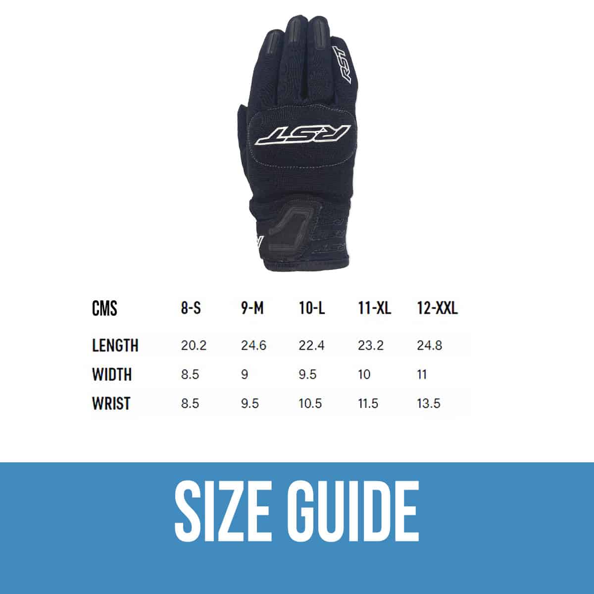 RST Rider 2100 CE-certified Gloves: Light-weight summer gloves for urban rides & touring - size guide