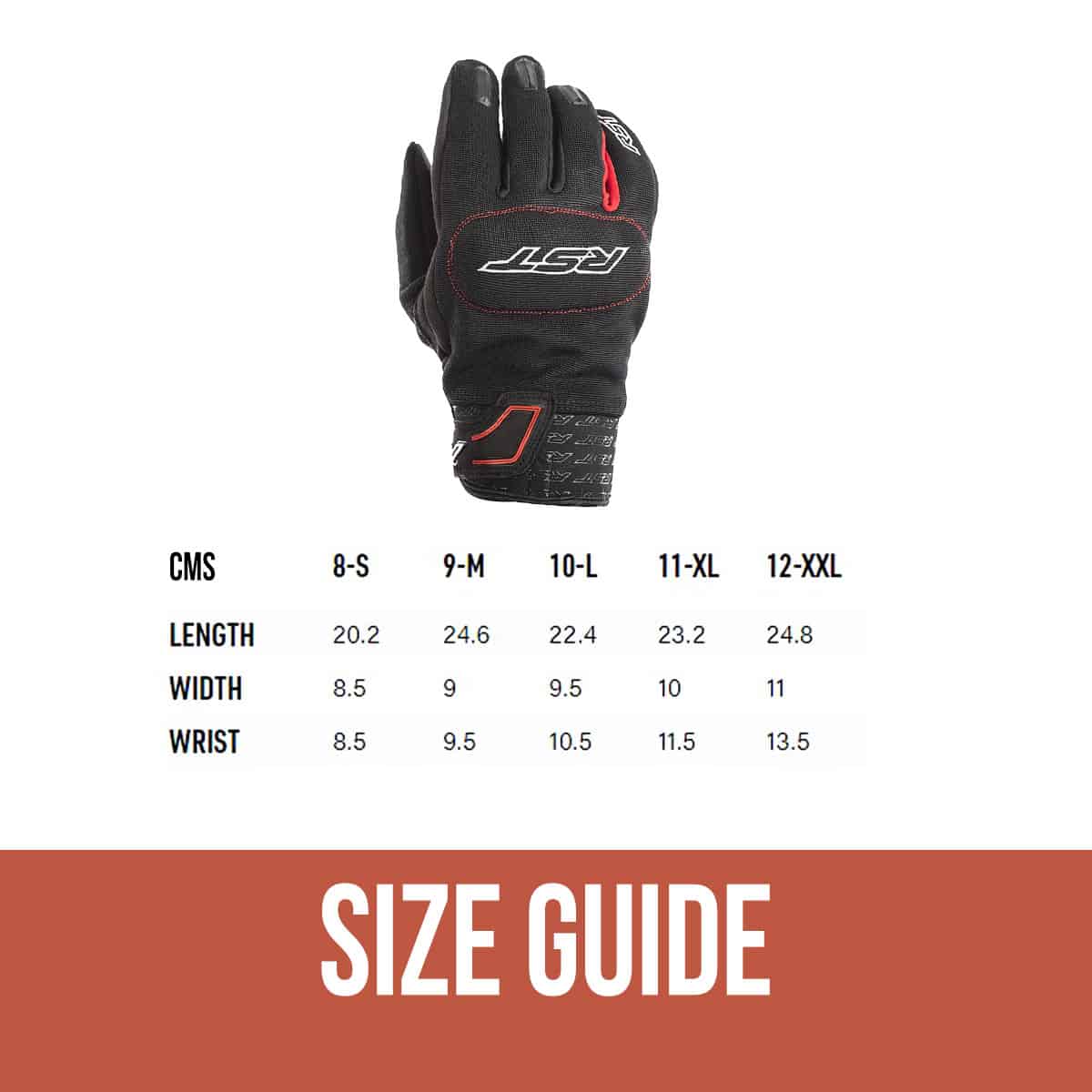 RST 2100 Rider CE-Certified Motorcycle Gloves: Light-weight Summer touring gloves - Size Guide