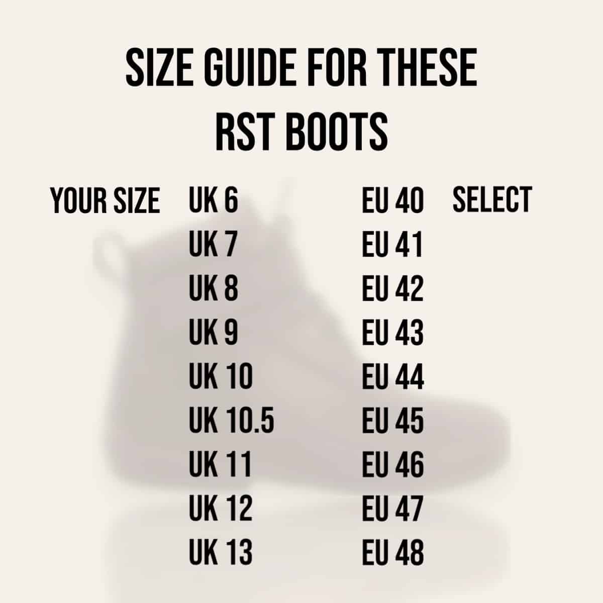 RST Stunt-X CE WP Boots size chart