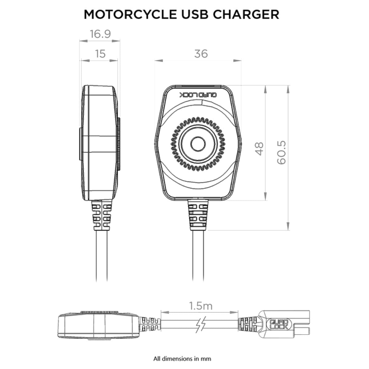 Quad Lock Motorcycle USB Charging Outlet dimensions