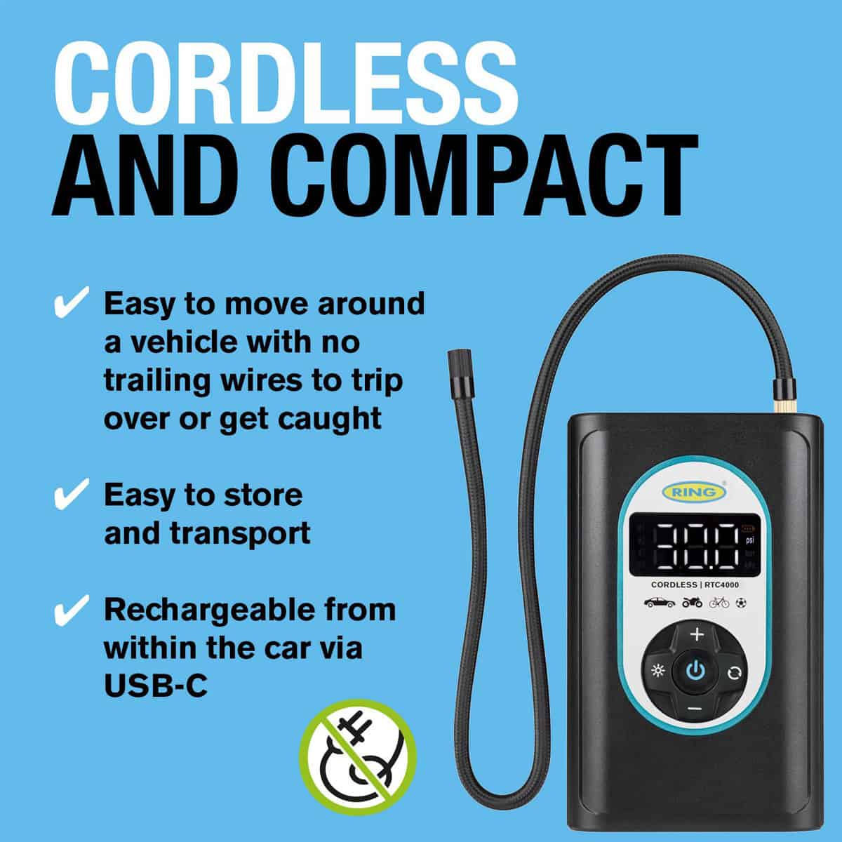 Ring RTC4000 Handheld Cordless & Re-Chargeable Tyre Inflator benefits