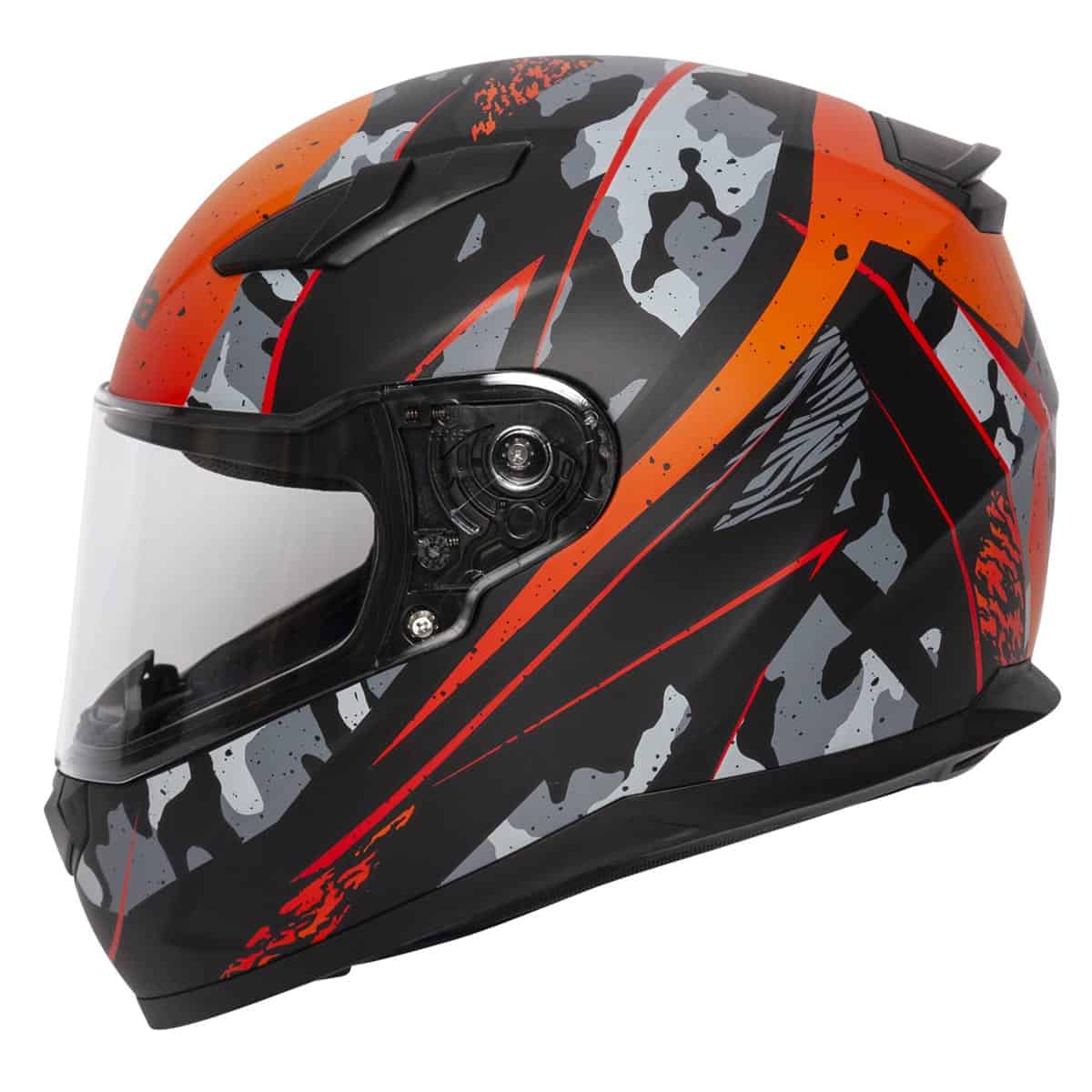 Spada Raiden Helmet in Camo Orange: Entry level full face motorcycle helmet. The Spada Raiden motorcycle helmet is perfect for bikers who have just started out riding or who need a full face helmet which doesn't break the bank.  Side view.