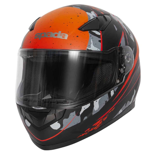Spada Raiden Helmet in Camo Orange: Entry level full face motorcycle helmet. The Spada Raiden motorcycle helmet is perfect for bikers who have just started out riding or who need a full face helmet which doesn't break the bank.  45deg view.