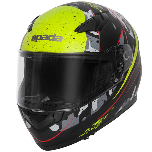 Spada Raiden Camo Helmet: Entry level full face motorcycle helmet. The Spada Raiden motorcycle helmet is perfect for bikers who have just started out riding or who need a full face helmet which doesn't break the bank.  45 deg view.